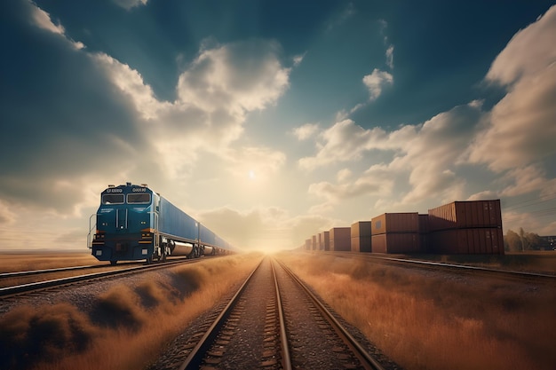 Train de marchandises sur fond de ciel bleu avec des nuages