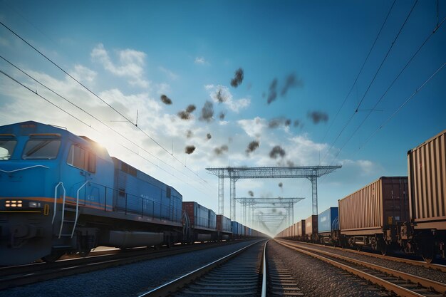 Train de marchandises sur fond de ciel bleu avec des nuages