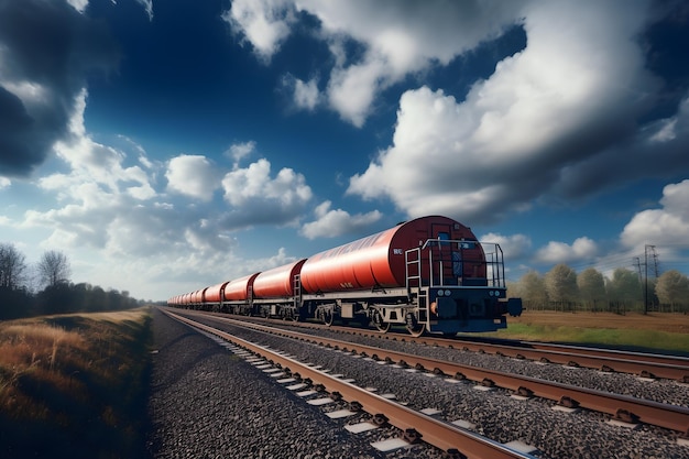 Train de marchandises sur fond de ciel bleu avec des nuages