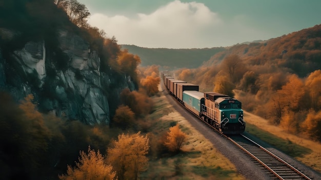 Train de marchandises sur un paysage pittoresque expédiant de grands conteneurs AI générative
