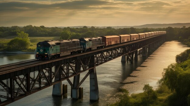 Un train de marchandises traversant un pont au-dessus d'une rivière généré par l'IA