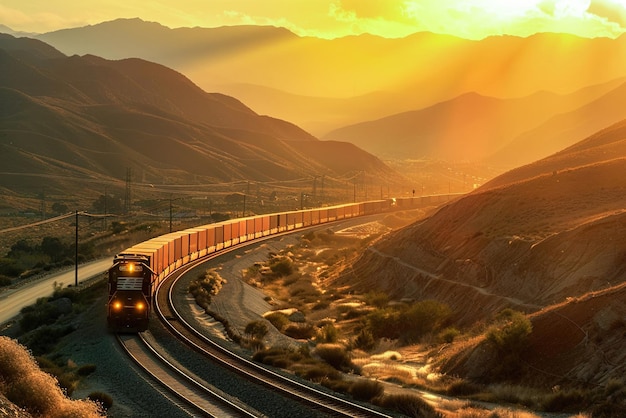 Un train de marchandises traverse une montagne éloignée passe ses conteneurs de fret jetant des ombres sous un doré