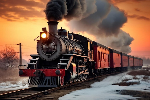 un train de marchandises à vapeur antique approche tôt le matin