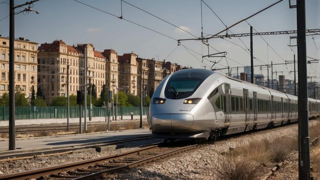 Un train moderne à grande vitesse arrive à la gare.