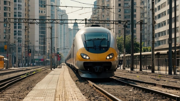 Un train moderne à grande vitesse arrive à la gare.