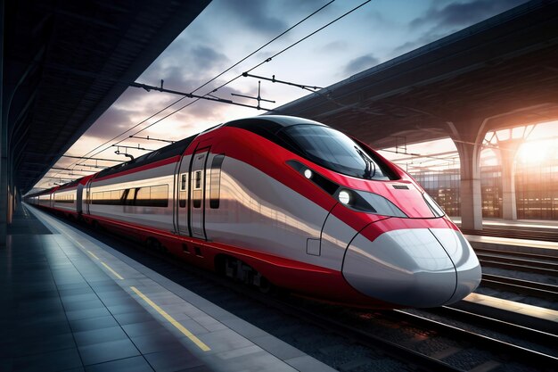 Train moderne à grande vitesse rouge et blanc sur une plate-forme ferroviaire Plate-forme d'embarquement à la gare Transport à grande vitesse