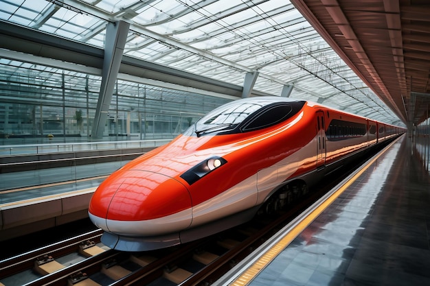 Train moderne rouge sur un quai ferroviaire Quai d'embarquement à la gare Transport à grande vitesse