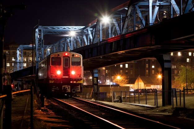 Photo un train en mouvement traversant un pont éclairé avec des grues de construction en arrière-plan