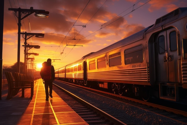 Le train part après le coucher du soleil. Les gens font le cercle.