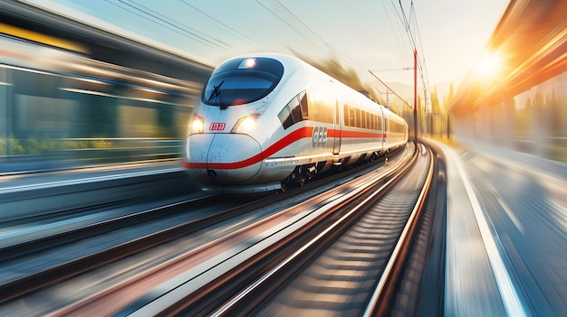 Un train de passagers à grande vitesse dans un paysage futuriste au coucher du soleil