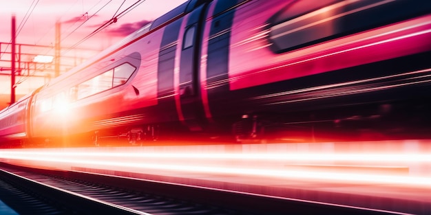 Un train passant par une gare sur fond rose