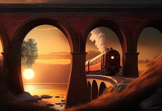 Le train passe au-dessus d'un magnifique pont voûté au coucher du soleil