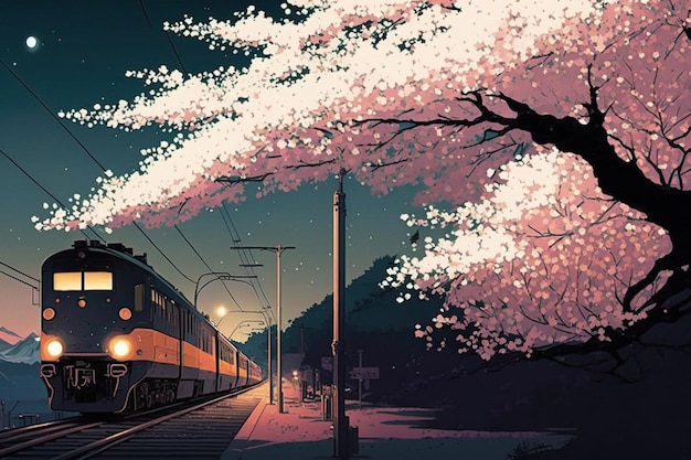 Un train passe devant un arbre aux fleurs roses.