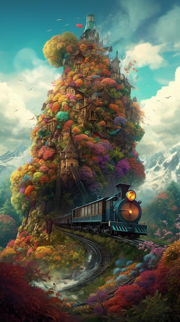 Un train passe devant une montagne avec un château en arrière-plan.