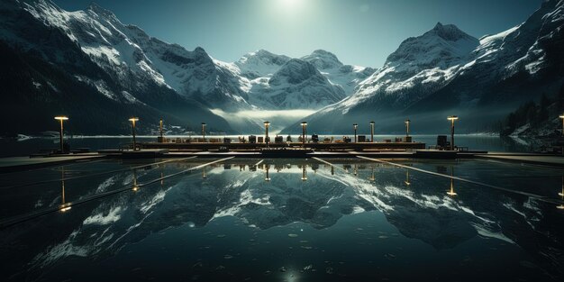 un train passe devant une montagne avec un train au sommet