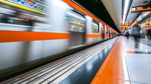 Un train passe par une gare avec des gens qui passent devant et un train passe à grande vitesse.