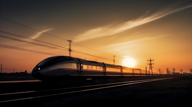 Un train passe près d'une ligne électrique avec le soleil se couchant derrière.