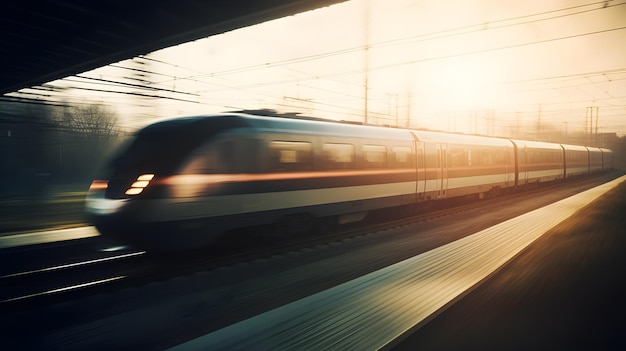 Un train passe sur un quai avec le soleil qui brille dessus.