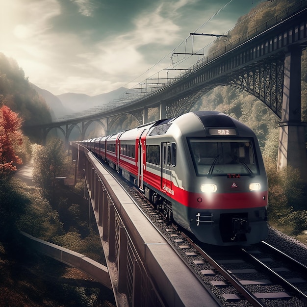 Un train passe sous un pont avec le mot " emu " sur le devant.