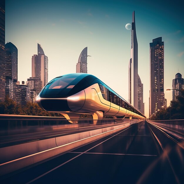 Photo un train qui descend les voies avec une ville en arrière-plan