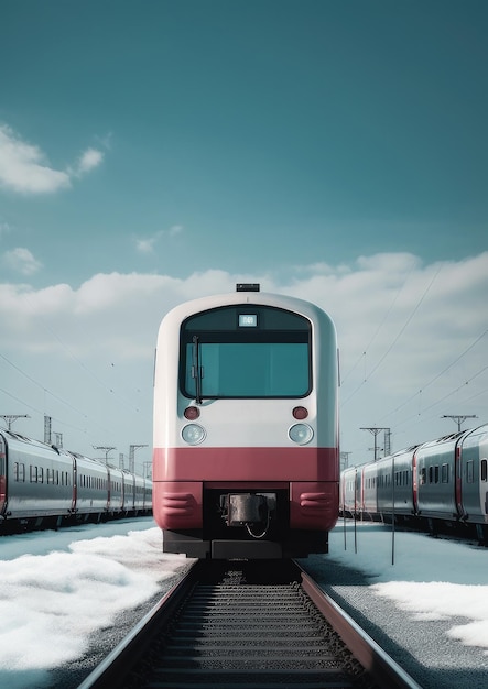 Un train qui est sur une voie avec un ciel bleu en arrière-plan