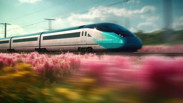 Un train qui passe devant un champ de fleurs