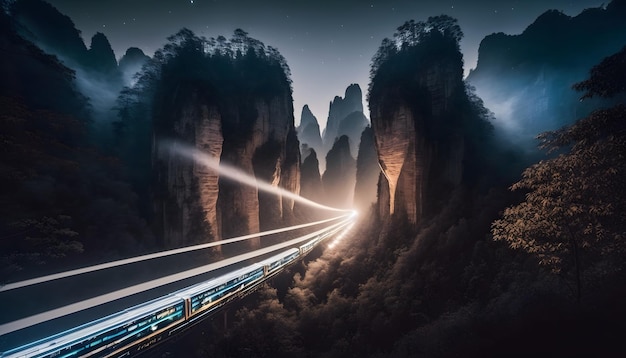 Un train qui traverse un paysage de montagne avec un ciel étoilé et un train qui passe.