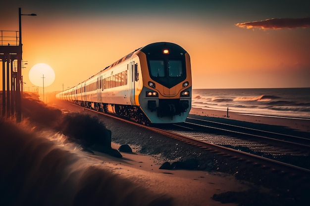 Un train sur les rails avec le soleil couchant derrière lui