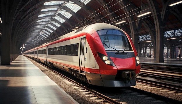 un train rouge et blanc voyageant à travers une gare