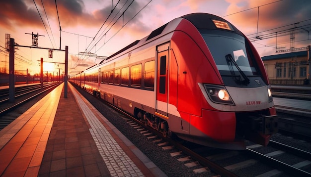 Photo un train rouge descend les rails avec le numéro 1 sur le devant