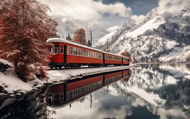 un train rouge près d'un lac avec de la neige dans le style de vues montagneuses