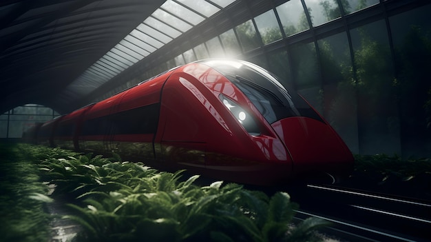 Un train rouge traverse un tunnel avec des plantes qui poussent sur le côté.