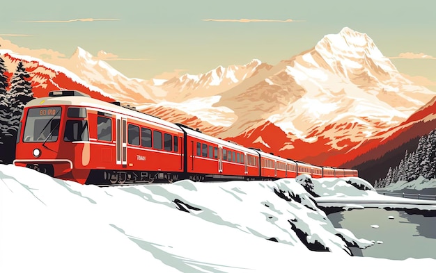 un train rouge voyageant le long d'une montagne enneigée dans le style du maître solaire