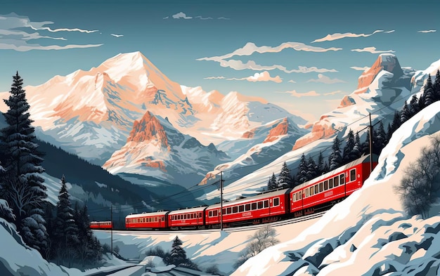 un train rouge voyageant le long d'une montagne enneigée dans le style du maître solaire