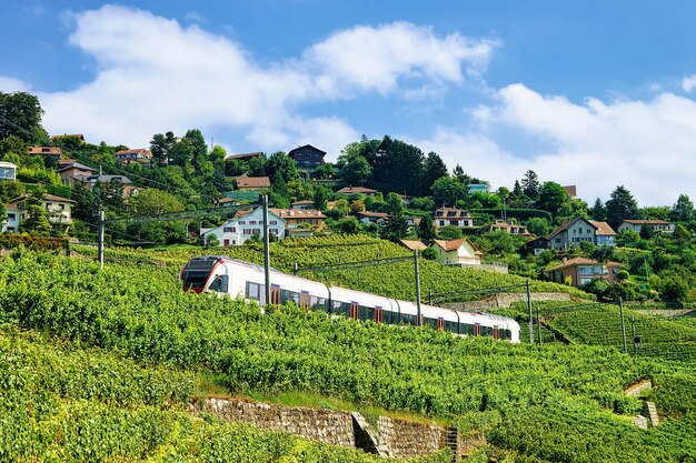 Train roulant au chemin de fer à Lavaux Vineyard Terrace sentier de randonnée, district de Lavaux-Oron, Suisse