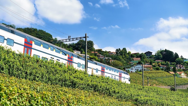 Train roulant près du sentier de randonnée des terrasses du vignoble de Lavaux, district de Lavaux-Oron en Suisse