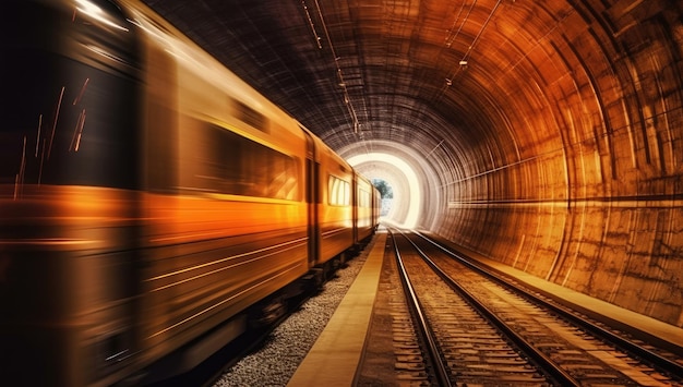 Un train roulant à toute allure dans un tunnel avec mouvement IA générative