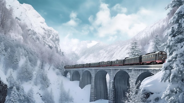 Le train se déplace sur un pont de chemin de fer dans un paysage hivernal de montagne IA générative