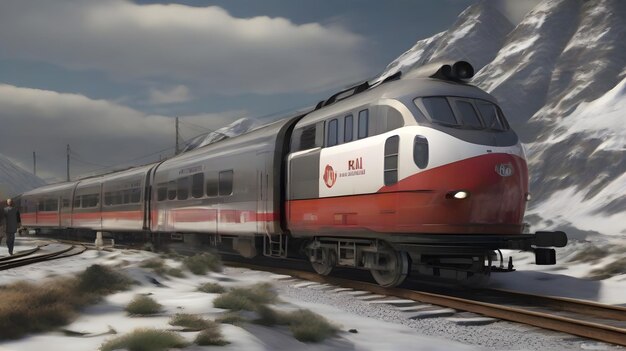 Photo un train avec un train rouge et argenté sur le devant