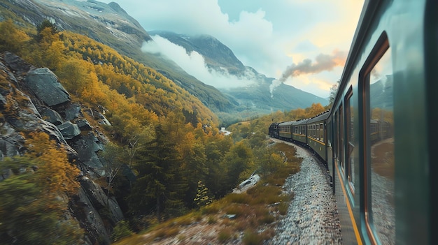 Photo le train traverse une belle vallée de montagne le ciel est bleu et le soleil brille les arbres sont verts et les fleurs fleurissent