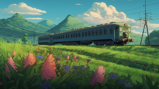Un train traverse un champ de fleurs et une montagne en arrière-plan.
