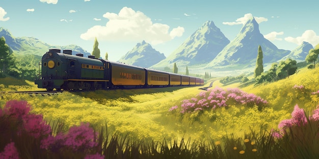 Un train traverse un champ de fleurs et de montagnes.