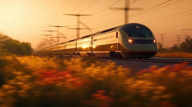 Un train traverse un champ de fleurs.