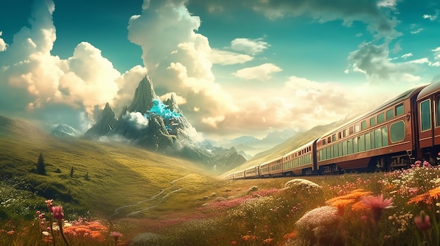 Un train traverse un champ vert avec des montagnes en arrière-plan.