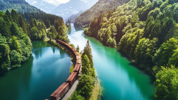 Un train traverse une forêt dense et verte remplie d'arbres hauts et de feuillages luxuriants.