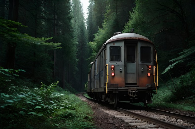 Un train traverse une forêt avec les lumières allumées.