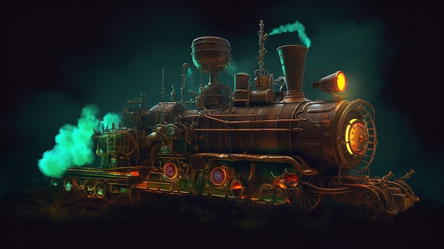 Un train à vapeur avec un feu vert dessus.