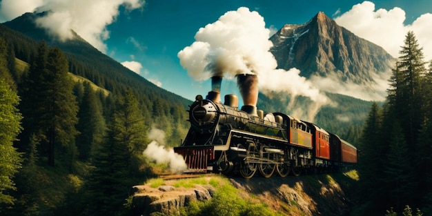 un train à vapeur photo traverse une scène de forêt de montagne