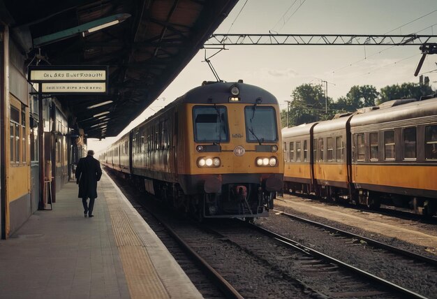 Le train à vapeur rétro part de la gare au coucher du soleil.