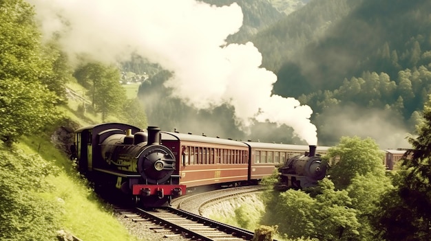 Le train à vapeur traverse les montagnes rurales.